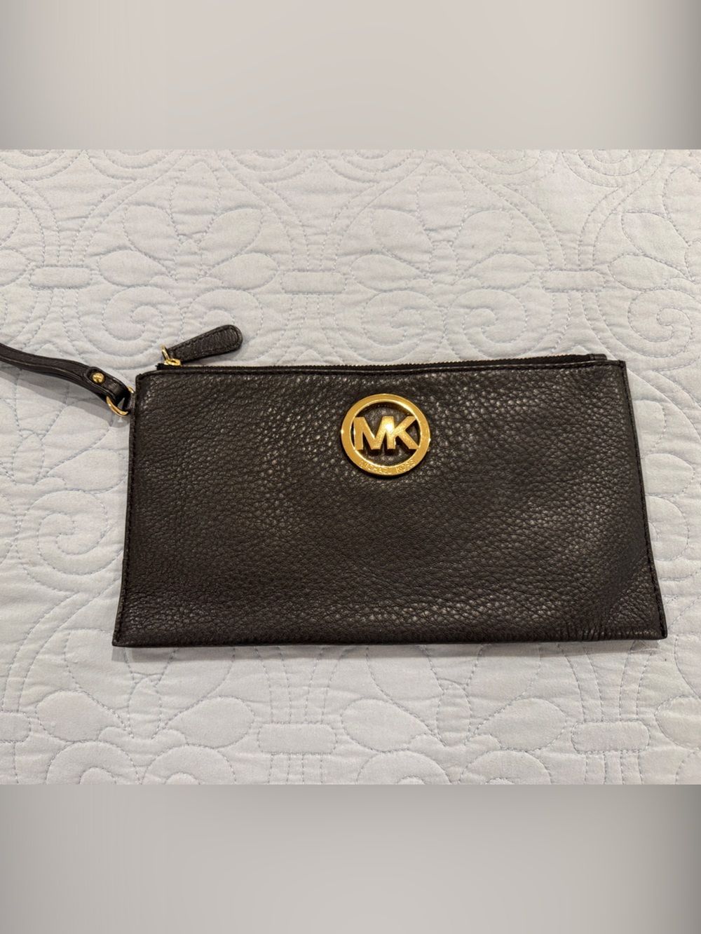 Michael Kors Dark Black Pebbled Leather Wristlet with Gold MK Logo